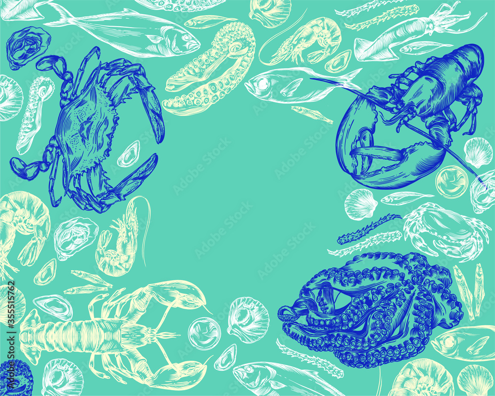 Fototapeta premium Vector illustration of different seafood.