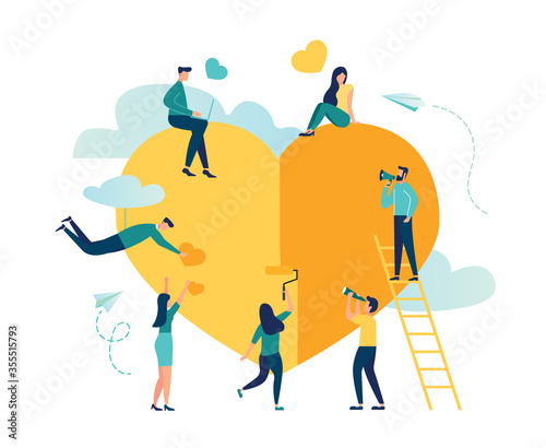 Vector illustration, preparation for Valentine's Day, teamwork, big heart, love holiday symbol - Vector 