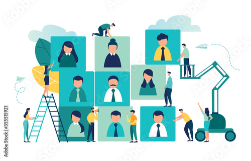 Vector business graph, open vacancy, business company is looking for an employee for a job, flat color icons, creative illustrations, businessmen are considering a resume - Vector 