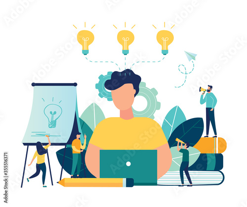 Vector flat illustration, business meeting and brainstorming, business concept for teamwork, searching for new solutions, little people are sitting on light bulbs in search of ideas - Vector 