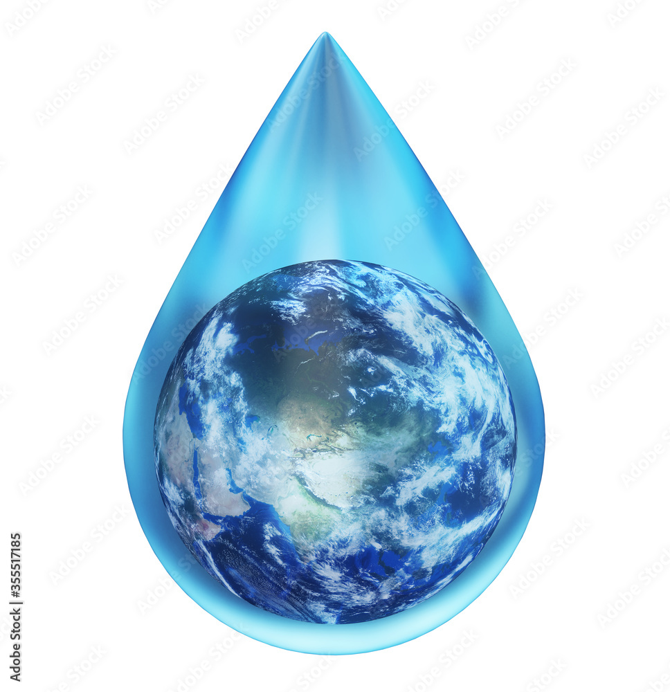 Obraz premium World globe map in a water drop isolated on white. Ecology symbol. 3D illustration