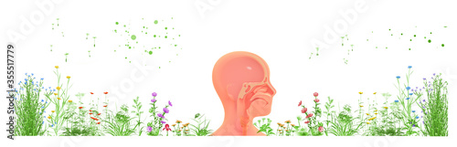 3d illustration of various colorful spring flowers and plants and allergy causing pollen. Surrounding an anatomical image of the nostrils and throat, ENT. On white background.