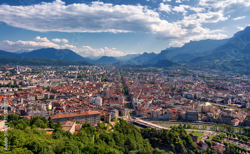 Beautiful view of Grenoble city and French Alps in summer from the Bastille Fortress. France photo