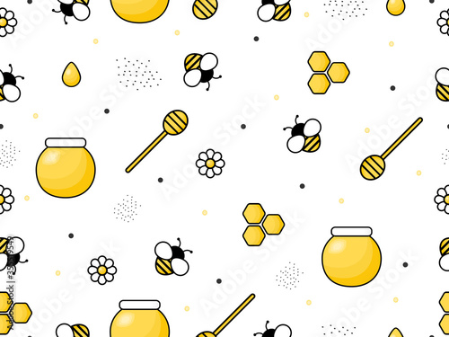 Seamless pattern with flying bees.
Vector cartoon black and yellow bees isolated on white background. Cartoon doodle cute bees elements and honey comb symbols.