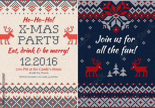 Knitted Invitation to the Christmas X-mas party. Front and back sides. Handmade knitting abstract background pattern with text and scandinavian ornaments. White, red, blue colors. Flat style