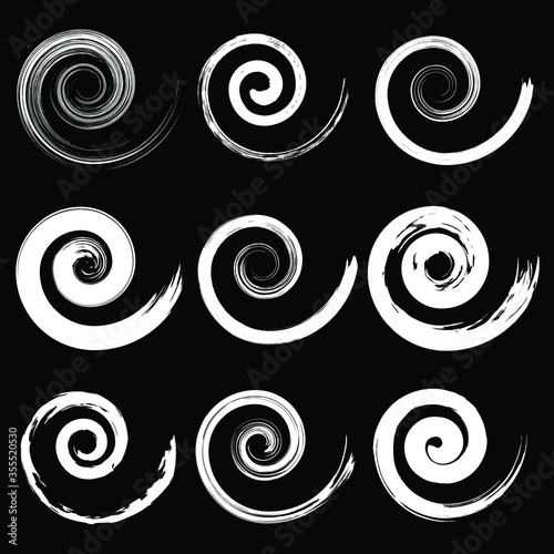 Set of white grunge paintbrush shapes. Spiral form. Vector illustration. Trendy design element for border frame, logo, tattoo, prints, web pages, template and monochrome pattern