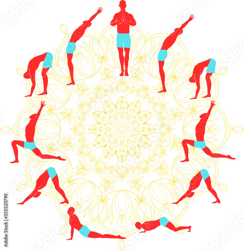 Yoga practice surya namaskar or Salute to the Sun or Sun Salutation. vector drawings of all 12 asanas with mandala on background. 