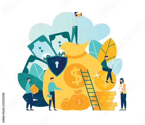 Vector flat illustration, concept of money protection, financial saving insurance, safe business economy