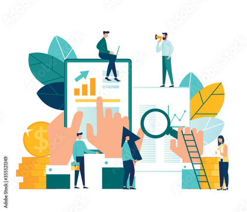 vector illustration, online assistant at work. promotion in the network. manager at remote work, searching for new ideas solutions, working together in the company, brainstorming