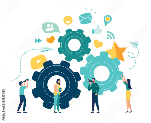 Business concept of vector illustration, little people links of mechanism, business mechanism, abstract background with gears, people are engaged in business promotion, strategy analysis, communicatio