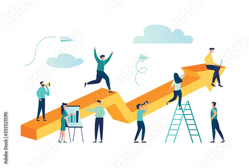 vector illustration a group of people characters are thinking over an idea. prepare a business project start up. rise of the career to success, flat color icons, business analysis - Vector 