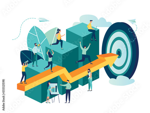 Vector illustration, people run to their goal on the column of columns, move up motivation, the path to the target's achievement - Vector 