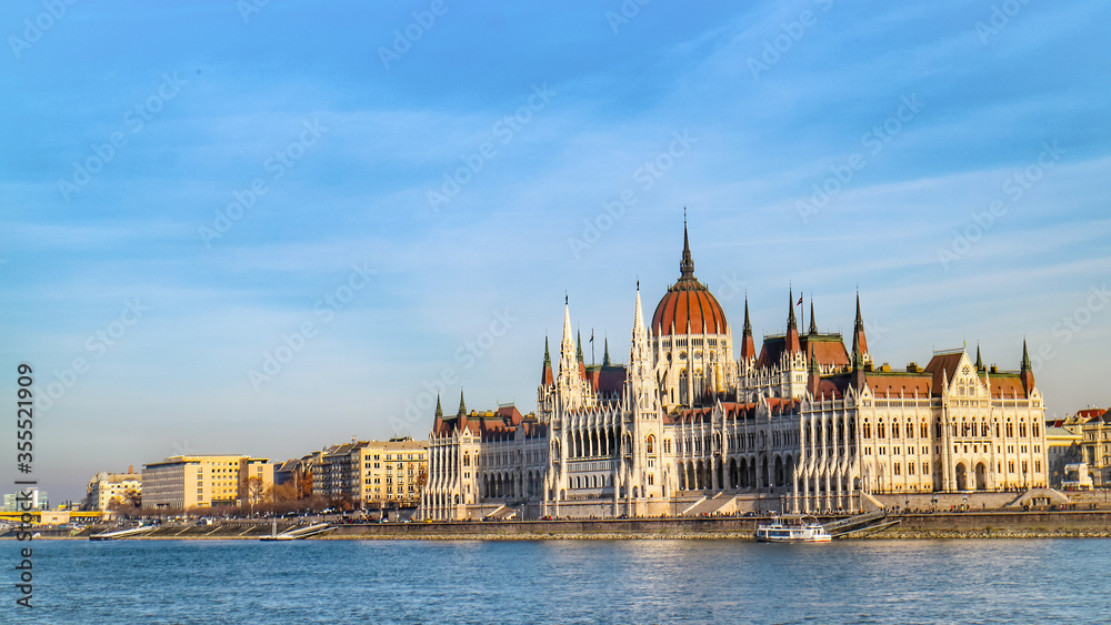 Hungarian parliament building on the banks of the Danube river in the Pest part of Budapest, capital of Hungary.