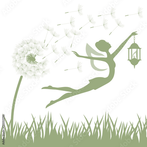 dandelion flower and little green fairy with lantern, vector