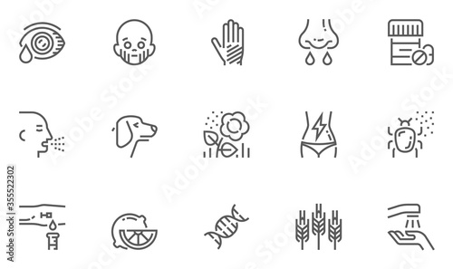 Allergy and Allergens Vector Line Icons Set. Allergy to Animal Hair, Food and Pollen, Skin Itching, Increased Lacrimation. Editable Stroke. 48x48 Pixel Perfect.