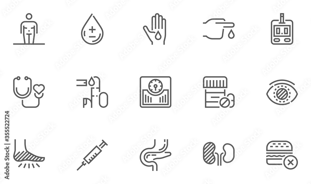Fototapeta premium Diabetes and Blood Sugar Measurement Line Icons Set. Obesity, Healthy Diet, Blood Test. Editable Stroke. 48x48 Pixel Perfect.