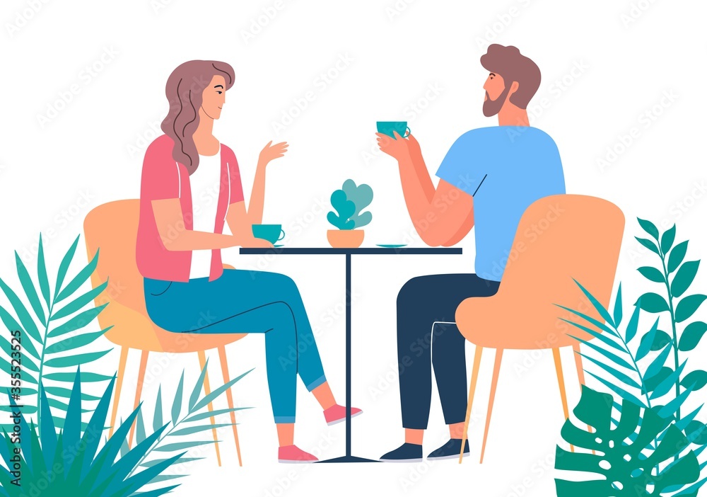 Young couple has a romantic date in some modern eco cafe vector illustration