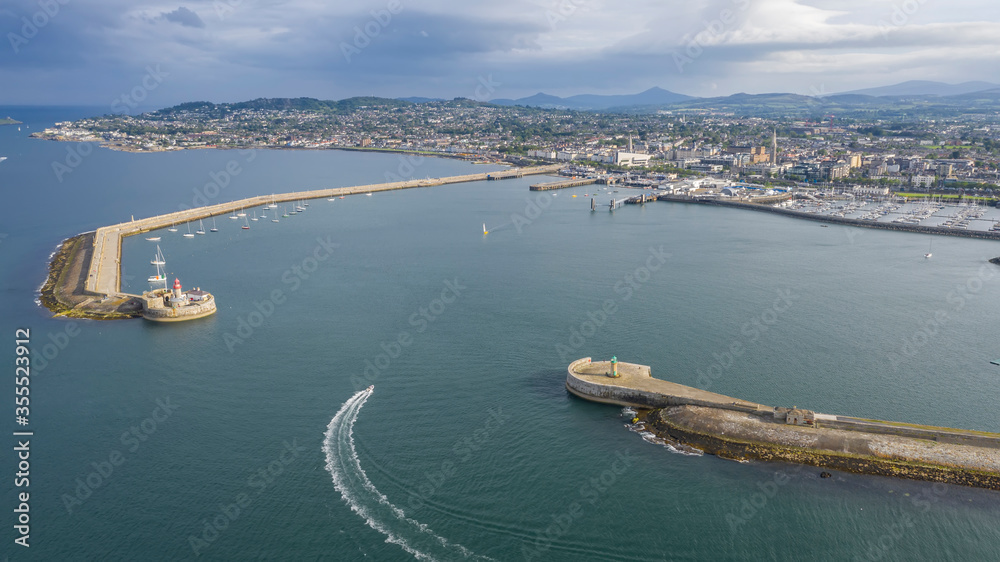 Aerial view of sailing boats, ships and yachts in Dun Laoghaire marina harbour, Ireland