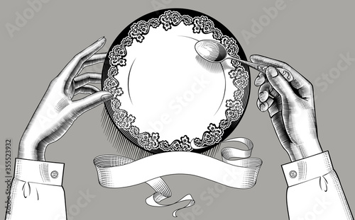 Engraved drawing  of female hands with a plate and ribbon banner