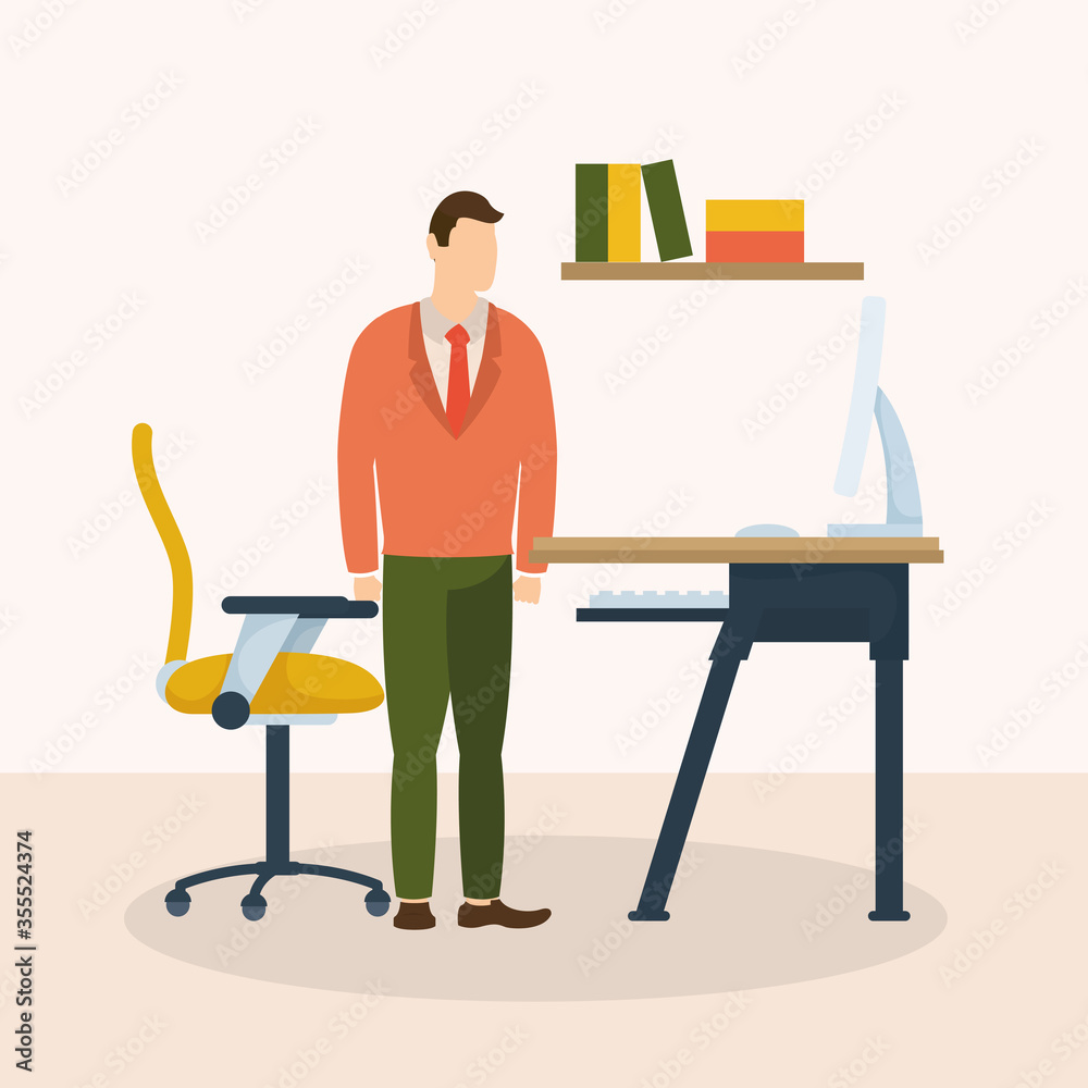Businessman avatar with computer on desk vector design