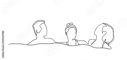 One continuous line drawing of happy people enjoying play and swimming together in pool sport center. Summer holiday vacation and parenting concept. Dynamic single line draw design vector illustration