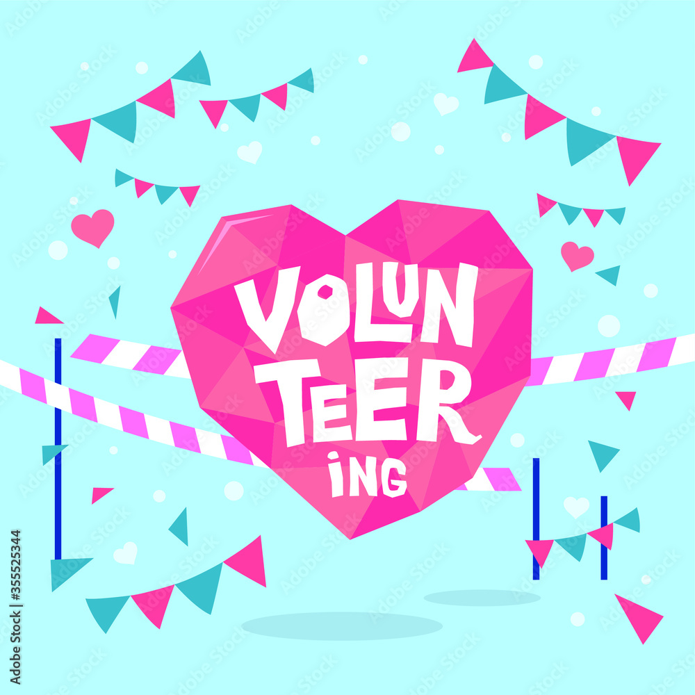 Ruby heart with the words Volunteering on the background of ribbons and flags.. The top page of a website from. Vector design for header or cover page template.
