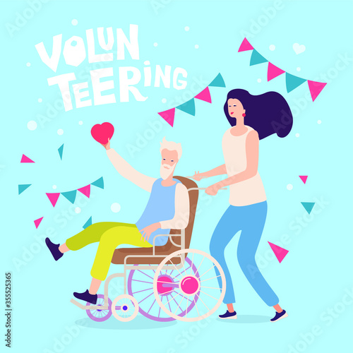 Girl volunteer help happy old man disabled on wheelchair. Website top page with. Vector design header or frontpage template