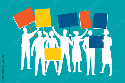 Crowd of protesting people holding blank banners and placards