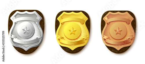 Police badges in gold, brass and silver realistic vector illustration isolated.