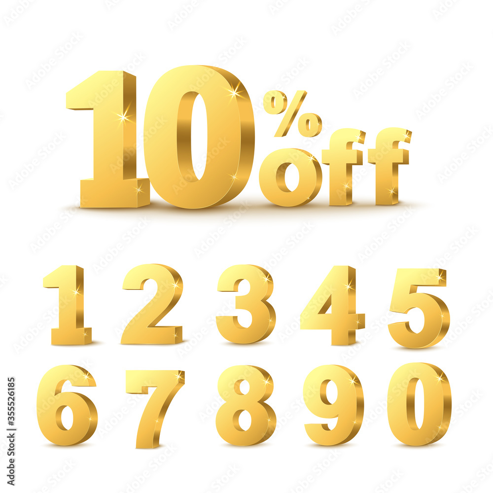 Realistic golden 3D number set for discount percent Realistic golden 3D number set for discount percent