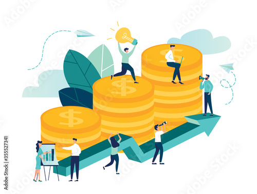 vector illustration, investment management, the company is engaged in the joint construction and the cultivation of cash profits, career growth to success, flat color icons, business analysis - Vector