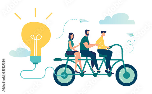 Vector illustration of people go team N bike to their goal, to move up the motivation. Way to the goal, pedal for energy and ideas.