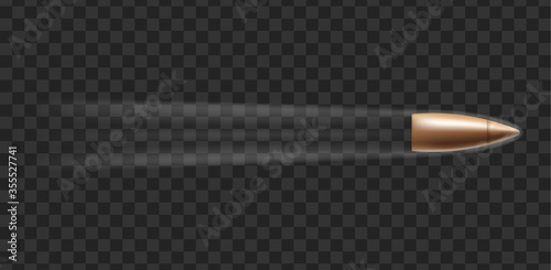 Mockup of bullet cartridge with smoke, realistic vector illustration isolated.