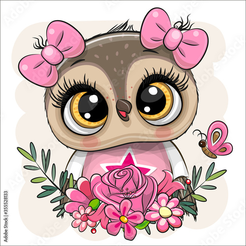 Cartoon Owl with flowers on a white background