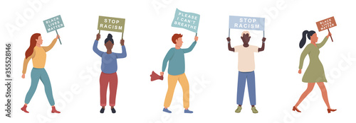 People  holding banners, manifesting activists demonstrating empty signs.  Group of male and female protesters or activists. Black lives matter banner about Human Rights of Black People in U.S. 