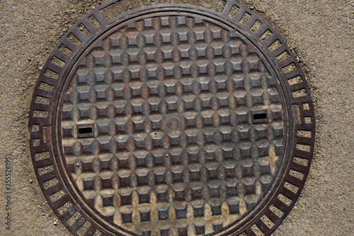 close-up metal manhole cover, texture background, top view