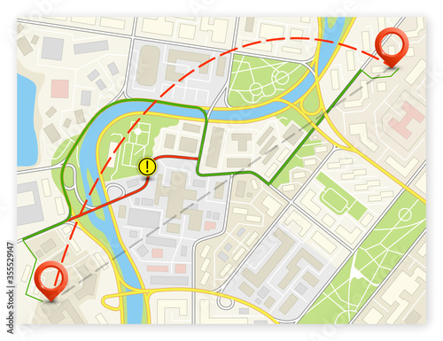 City map navigation route, color point markers design background, flat drawing schema, simple city plan GPS navigation, itinerary destination arrow paper city map. Route delivery check point graphic