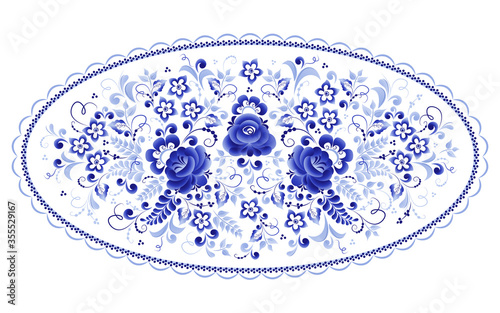 Oval floral vector element, abstract design, made in the technique of Russian folk art Gzhel