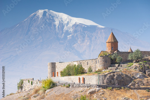Armenia, Khor Virap, the famous Armenian monastery located in the Ararat plain, with Mount Ararat on the background. The monastery was the residence of Armenian Catholicos.