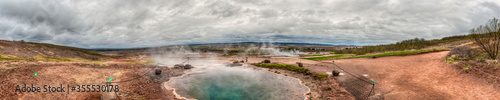 Strokkur is a geyser in the geothermal region near the Hvitá River and Reykjavik city, considered one of the most famous geysers in Iceland. Panoramic