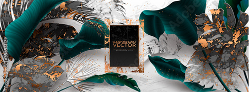 Palm leaves, gold, marble template, artistic covers design, colorful texture, modern backgrounds.Trendy pattern, graphic brochure. Luxury Vector illustration