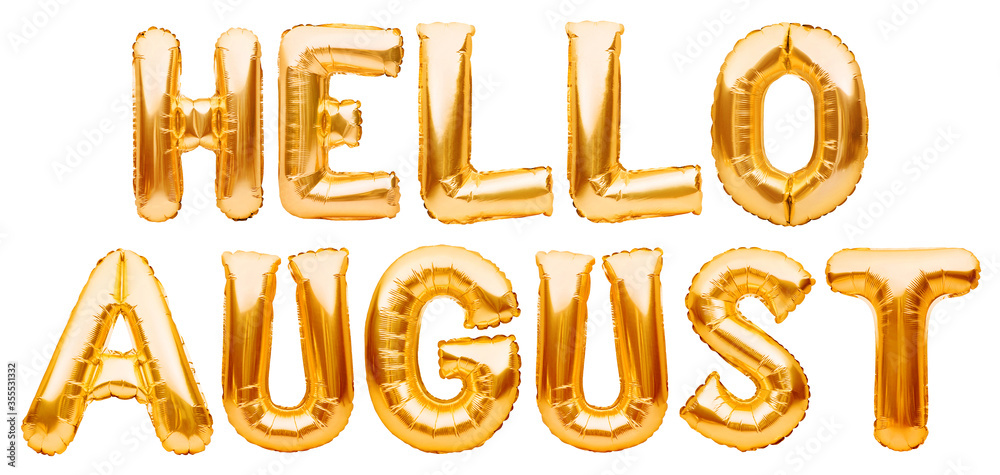 Words HELLO AUGUST made of golden inflatable balloons isolated on white. Helium gold foil balloons forming summer message, hello july words. Months balloon series, celebration, events or dates concept Words HELLO AUGUST made of golden inflatable balloons isolated on white. Helium gold foil balloons forming summer message, hello july words. Months balloon series, celebration, events or dates concept