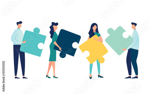 Business concept. Team metaphor. people connecting puzzle elements. Vector illustration flat design style. Symbol of teamwork, cooperation, partnership.