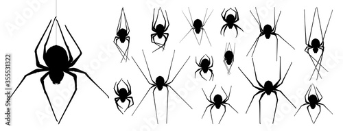 Collection of Spider, cobweb, isolated on black, transparent background. Spiderweb for Halloween design. Spider web elements,spooky, scary, horror halloween decor. Hand drawn silhouette, vector illust