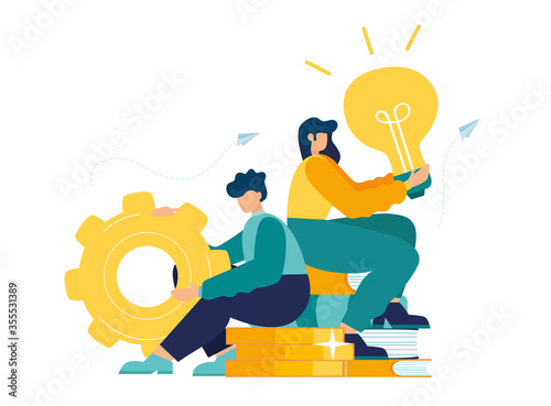 Business concept of vector illustration, little people with links of business mechanism, abstract background with gears