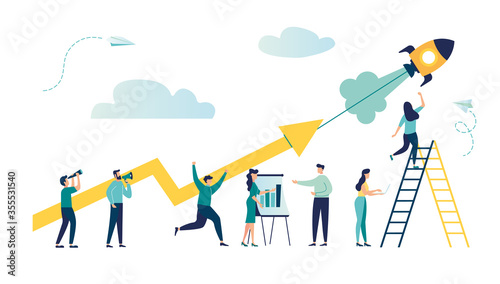 vector illustration a group of people characters are thinking over an idea. prepare a business project start up. rise of the career to success, flat color icons, business analysis