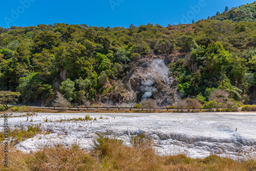 Fumaroles at Waimangu volcanic valley in New Zealand photo