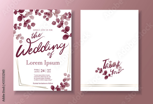 Wedding invitation card, watercolor techniques, red eucalyptus template. Red eucalyptus leaves above the card. Illustration/vector © chalyn