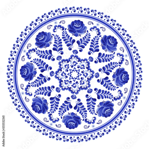 Round plate with a floral pattern of stylized roses is made using the Russian folk art Gzhel technique