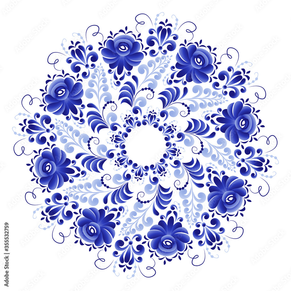 Round plate with a floral pattern of stylized roses is made using the Russian folk art Gzhel technique Round plate with a floral pattern of stylized roses is made using the Russian folk art Gzhel technique